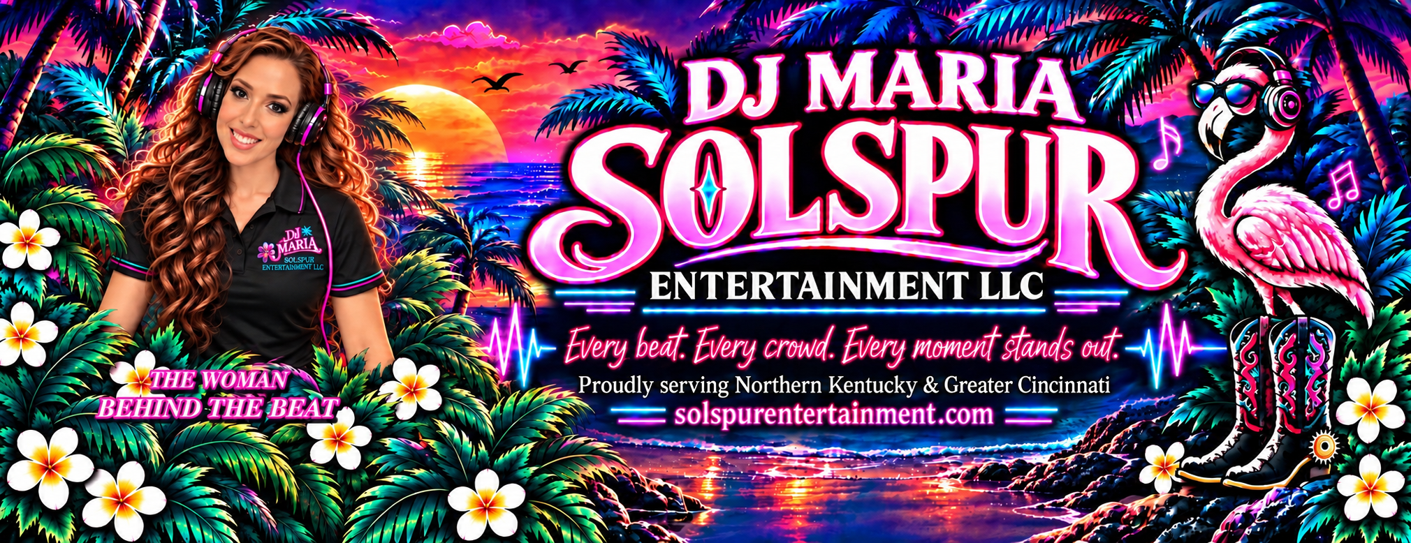 DJ Maria SolSpur Entertainment LLC tropical banner featuring Maria Ellis, the SolSpur logo, plumeria flowers, ocean sunset, slogan, and service area
