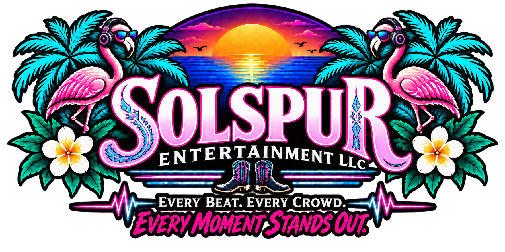 SolSpur Entertainment LLC logo with two flamingos wearing sunglasses and DJ headphones